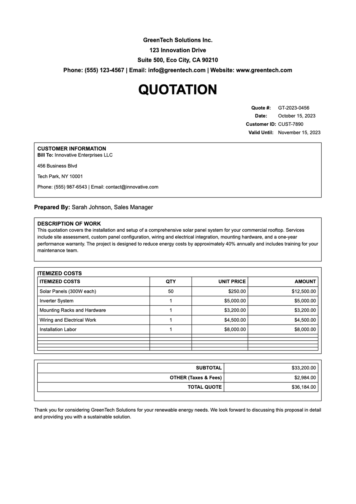 Professional service quotation template with itemized costs and customer details_variant_2